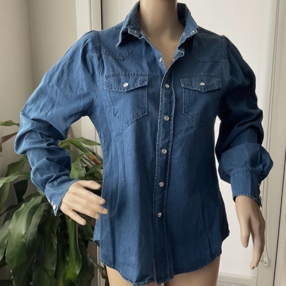 Torn by Ronny Kobo Denim Long Puff Sleeve Pearl Button Snap Front Size Medium - Picture 4 of 16